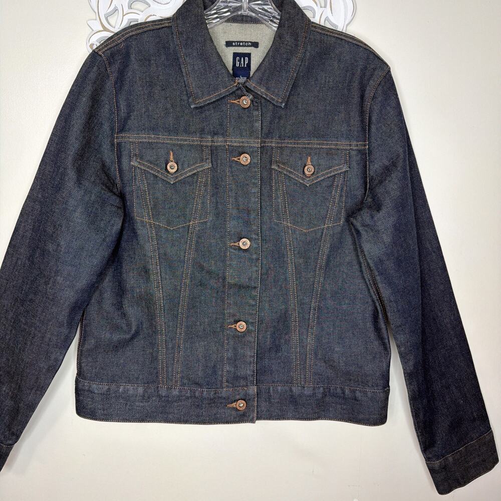 GAP Denim Stretch Jacket Women's size LARGE Made in Hong Kong Dark Wash Blue - Picture 5 of 12